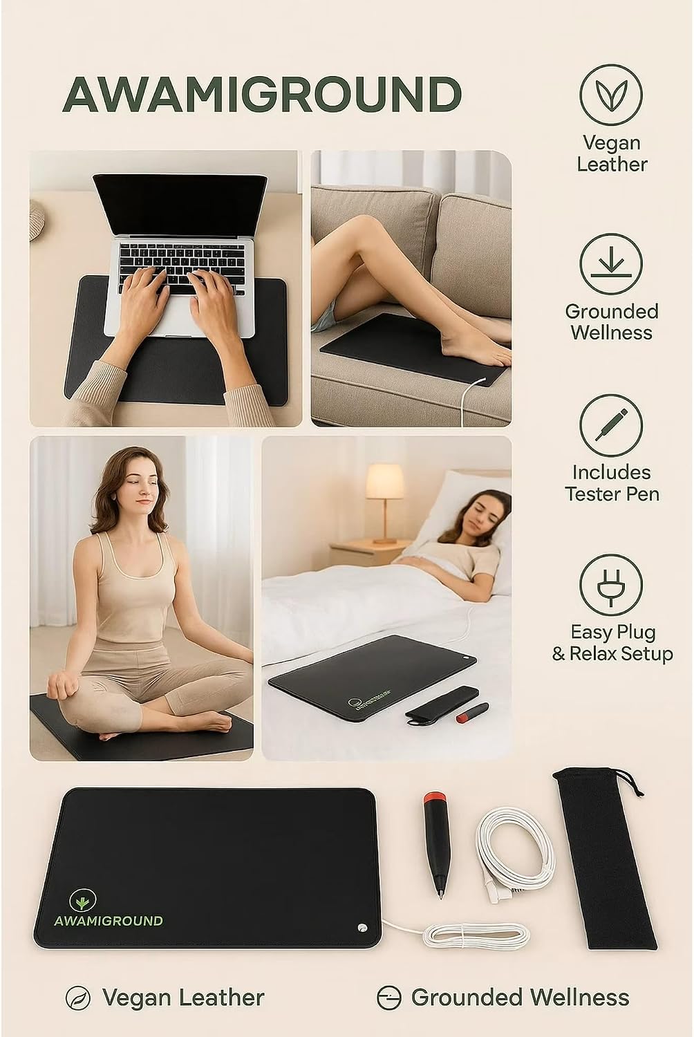 Awami Ground™ Premium Earthing Grounding Mat | Improve Sleep & Relaxation | 15-Foot Grounding Cord & Outlet Tester Included  | 24" x 16", 1 Pack