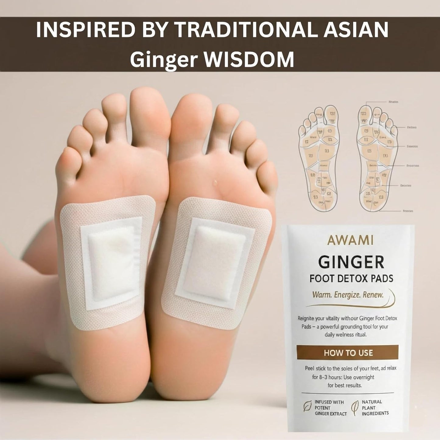 AWAMI| Ginger Foot Pads, Foot Care | Premium Japanese Organic Foot Pads with Ginger Powder (10 Pc)