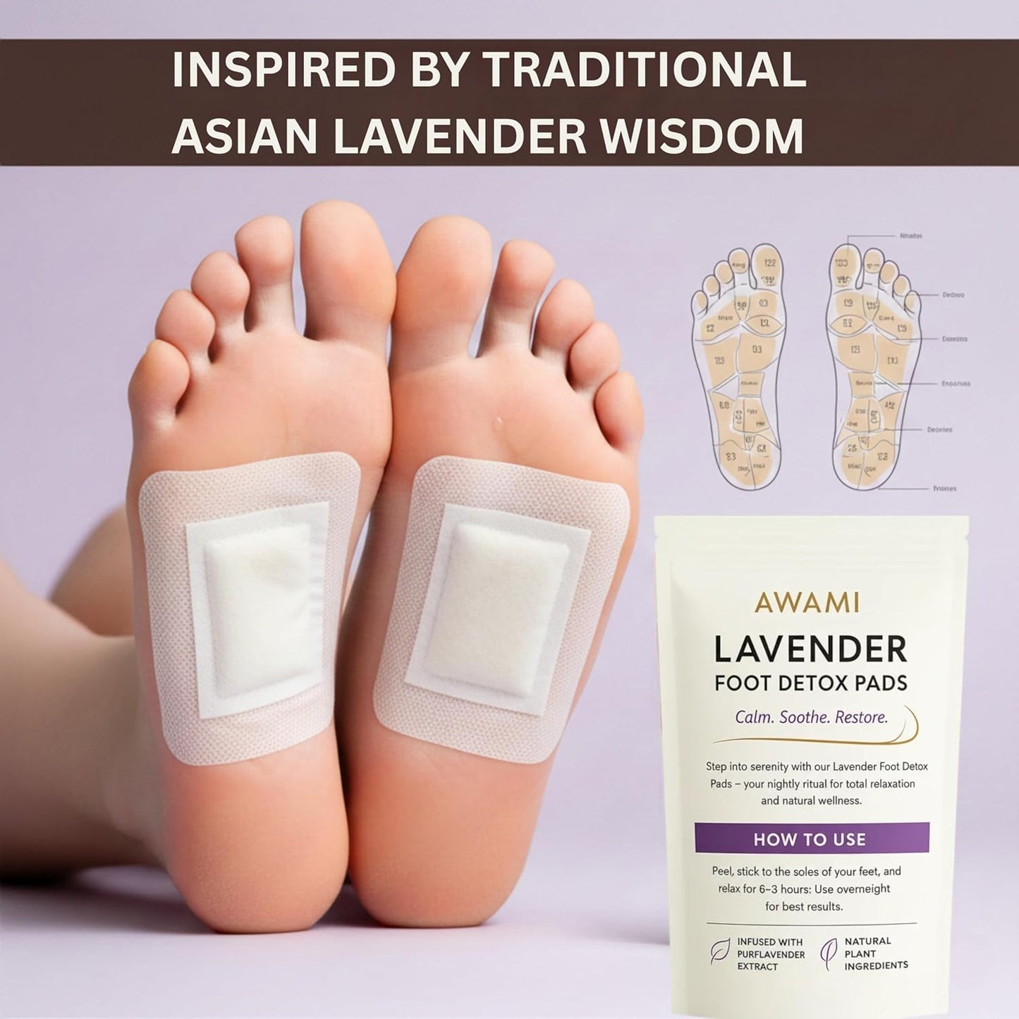 AWAMI | Levender Foot Pads for Better Sleep & Foot Care | Premium Japanese Organic Feet Pads with Levender Powder (10 Pc)