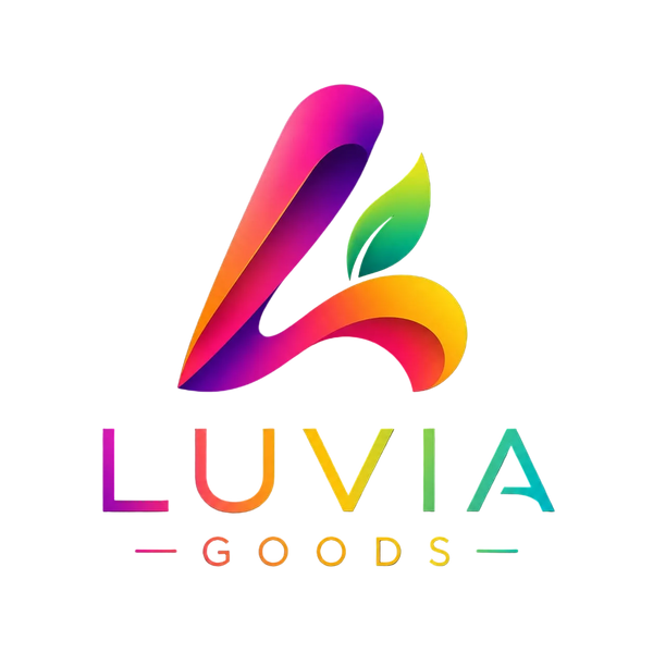 A colorful abstract logo with layered ribbon-like shapes in pink, purple, orange, yellow, and green, plus a leaf motif, above the text 'LUVIA GOODS' on a black background.