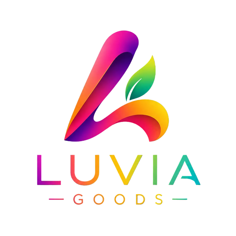 A colorful abstract logo with layered ribbon-like shapes in pink, purple, orange, yellow, and green, plus a leaf motif, above the text 'LUVIA GOODS' on a black background.