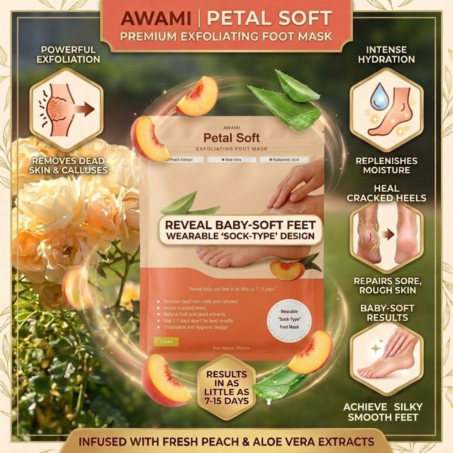 Awami Foot Peel Mask – 2 Pairs Exfoliating Foot Peeling Mask for Dry, Cracked Feet | Aloe Vera & Peach Foot Mask Socks for Baby Soft Feet